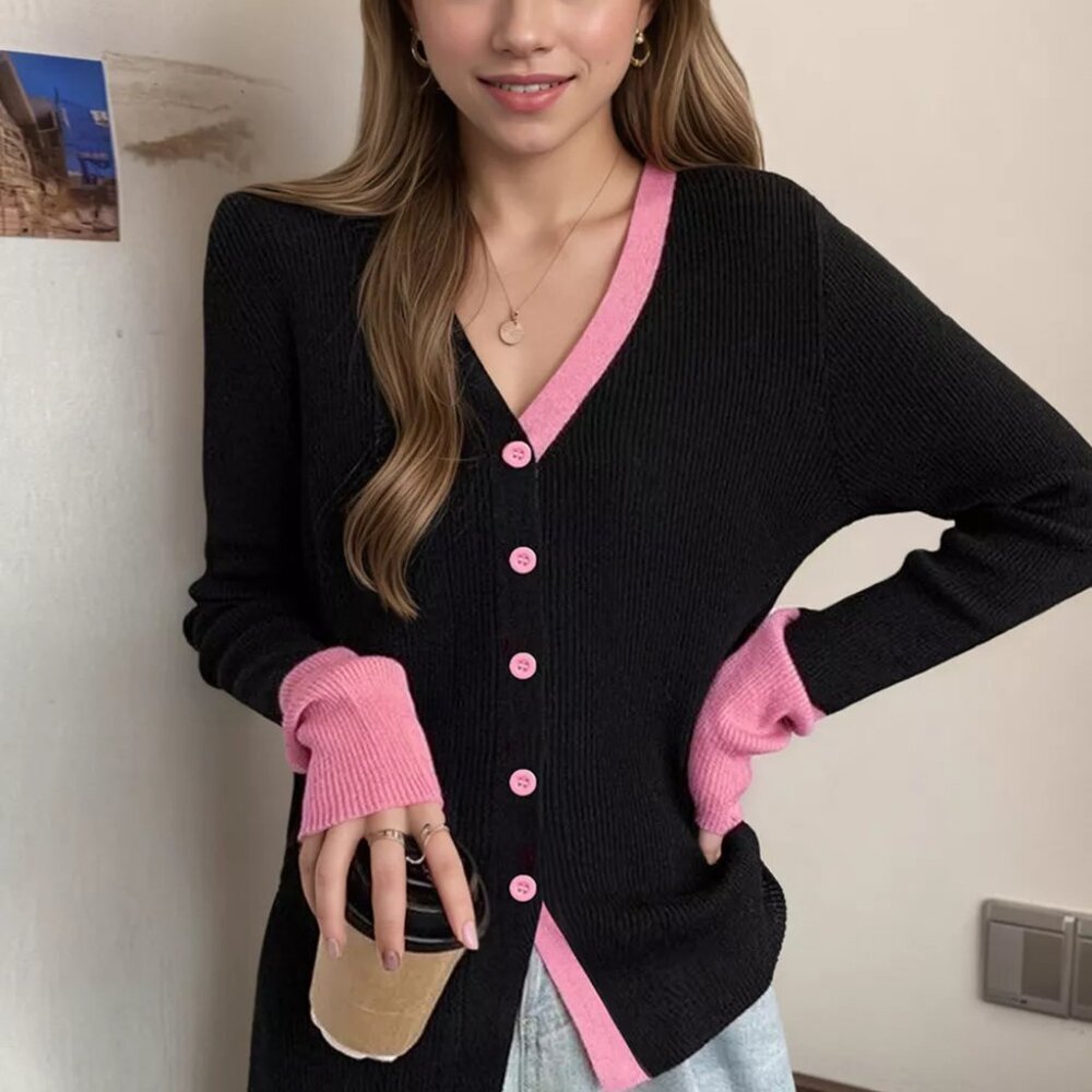 Contrast Trim Ribbed Knit Cardigan